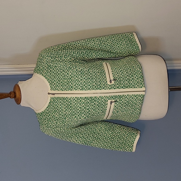 CAbi Jackets & Blazers - CAbi 726 Clover Tweed Blazer Sz 6 Green White Zipper Front 3/4 Sleeve Pockets